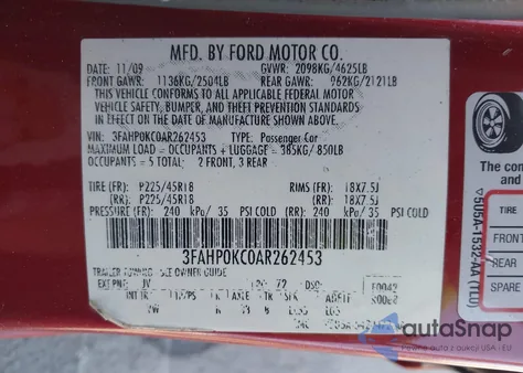 2010 Ford Fusion Sport из США, поврежденный, VIN 3FAHP0KC0AR262453